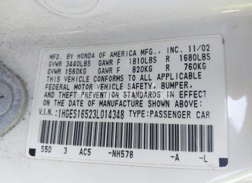 Photo 9 of 2003 Honda Civic LX (VIN 1HGES16523L014348)