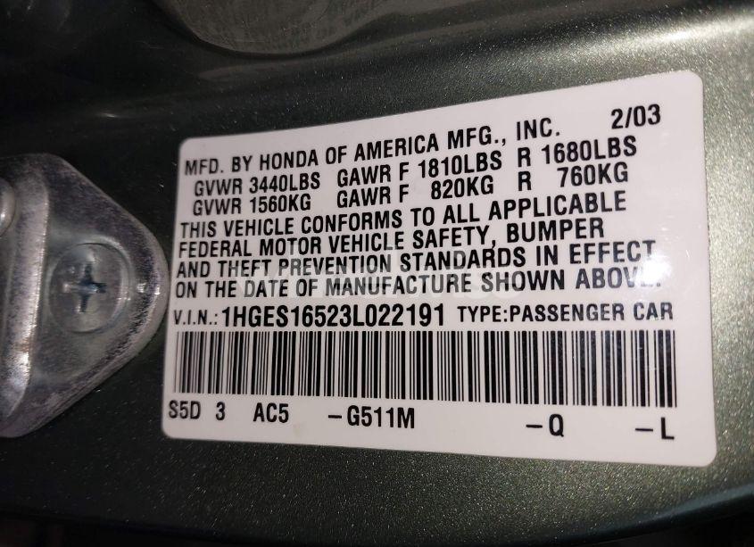 Photo 9 of 2003 Honda Civic LX (VIN 1HGES16523L022191)