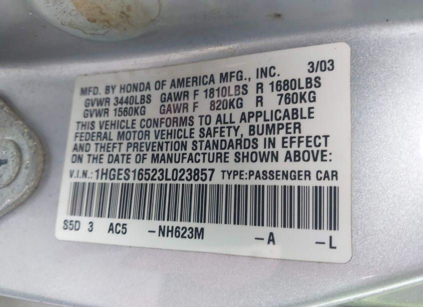 Photo 9 of 2003 Honda Civic LX (VIN 1HGES16523L023857)