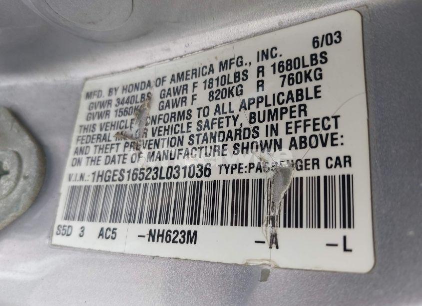 Photo 9 of 2003 Honda Civic LX (VIN 1HGES16523L031036)