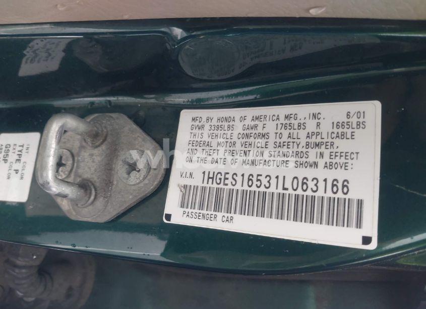 Photo 9 of 2001 Honda Civic LX (VIN 1HGES16531L063166)