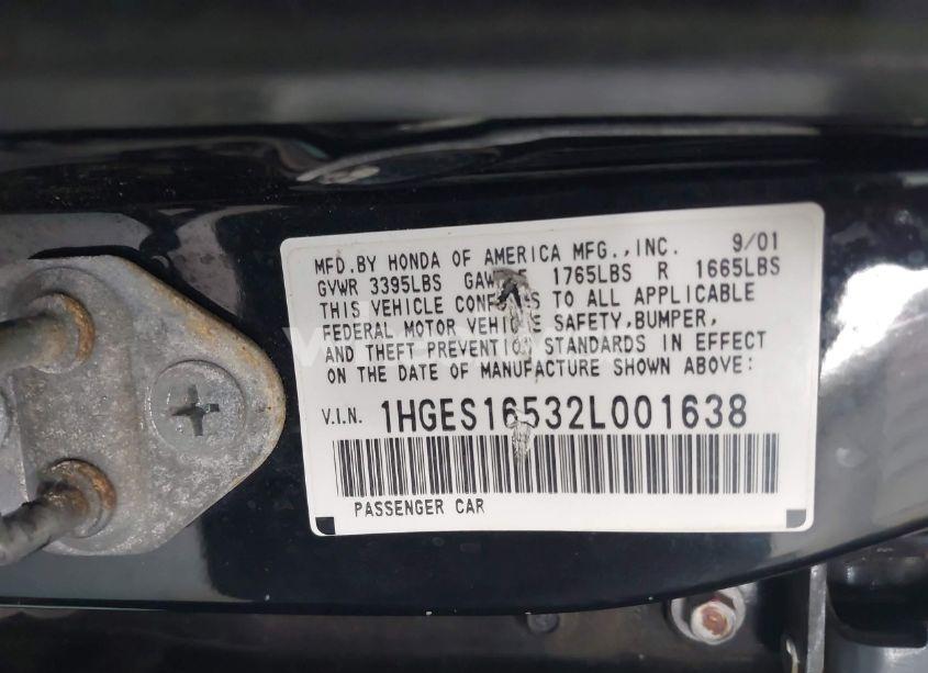 Photo 9 of 2002 Honda Civic LX (VIN 1HGES16532L001638)