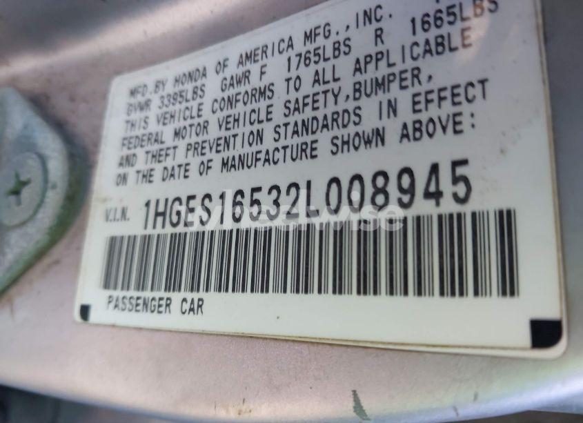 Photo 9 of 2002 Honda Civic LX (VIN 1HGES16532L008945)