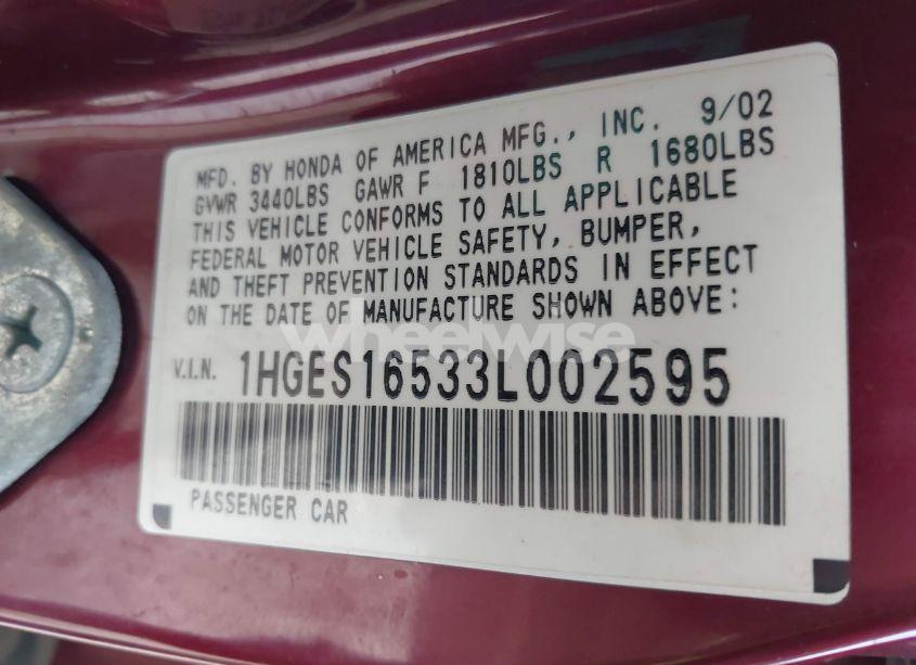 Photo 9 of 2003 Honda Civic LX (VIN 1HGES16533L002595)