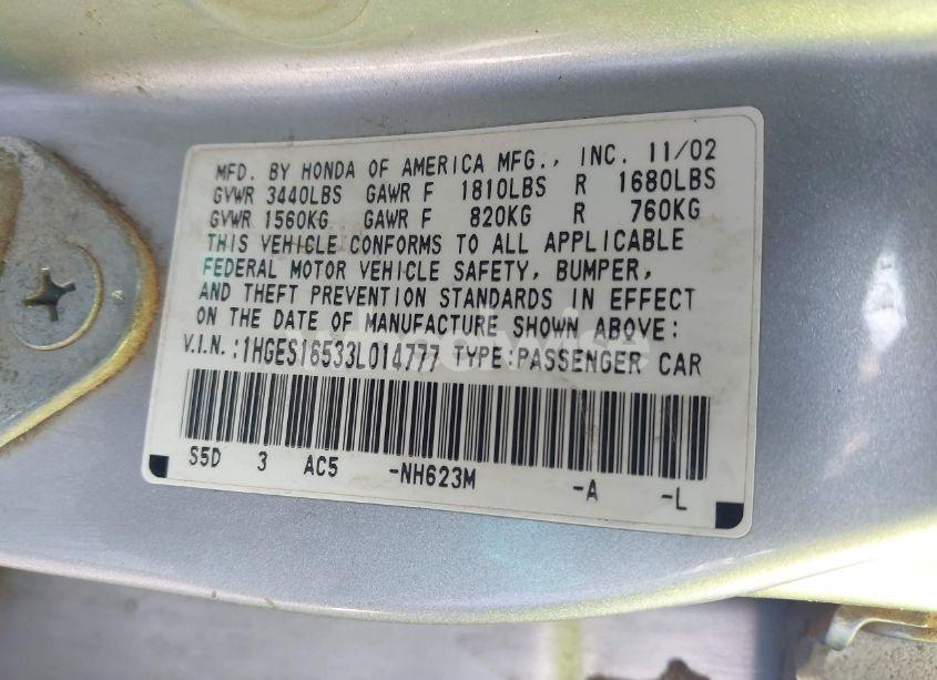 Photo 9 of 2003 Honda Civic LX (VIN 1HGES16533L014777)