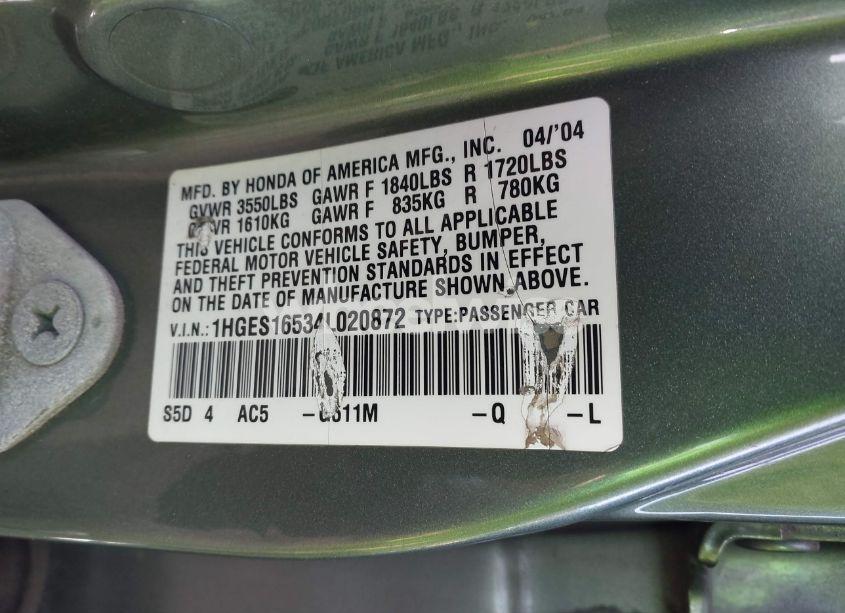 Photo 9 of 2004 Honda Civic LX (VIN 1HGES16534L020872)