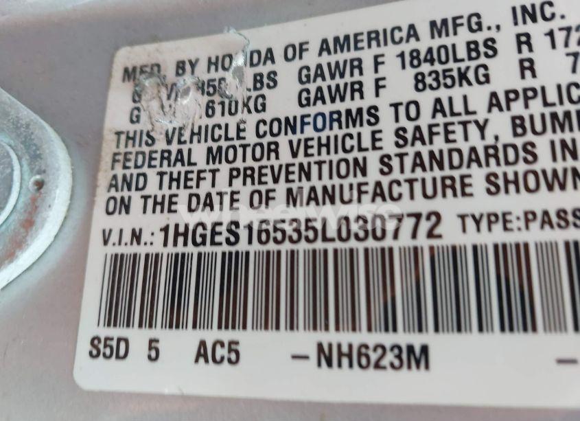 Photo 9 of 2005 Honda Civic LX (VIN 1HGES16535L030772)