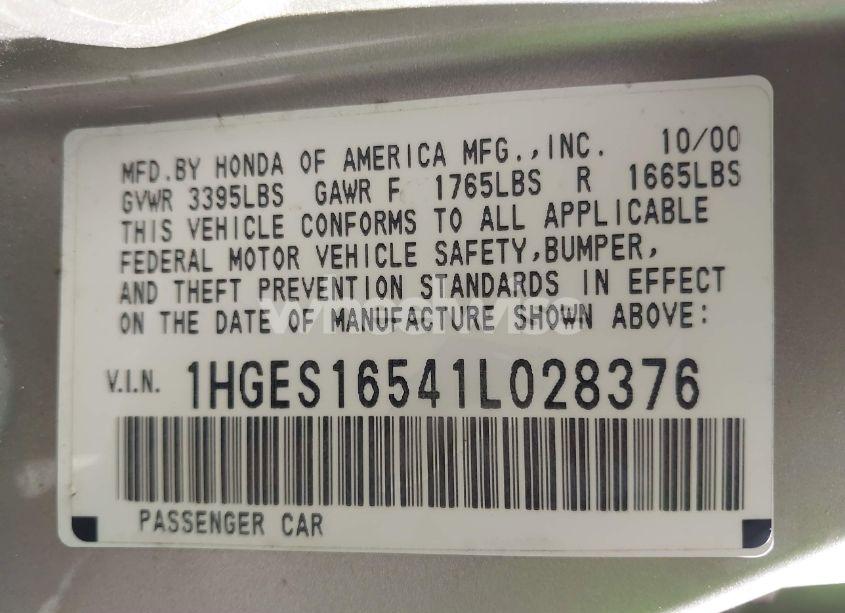 Photo 9 of 2001 Honda Civic LX (VIN 1HGES16541L028376)