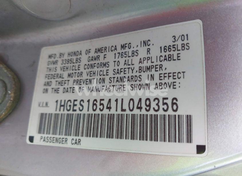 Photo 9 of 2001 Honda Civic LX (VIN 1HGES16541L049356)