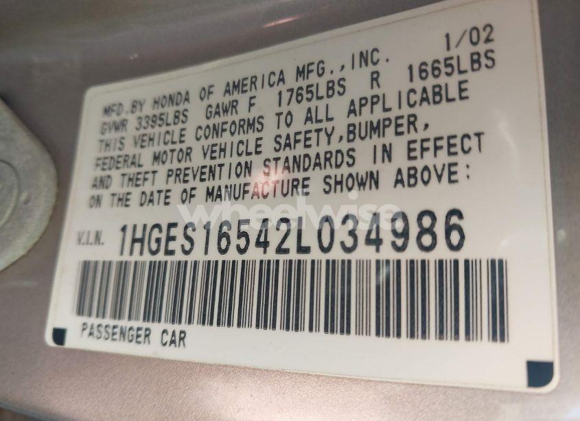 Photo 9 of 2002 Honda Civic LX (VIN 1HGES16542L034986)