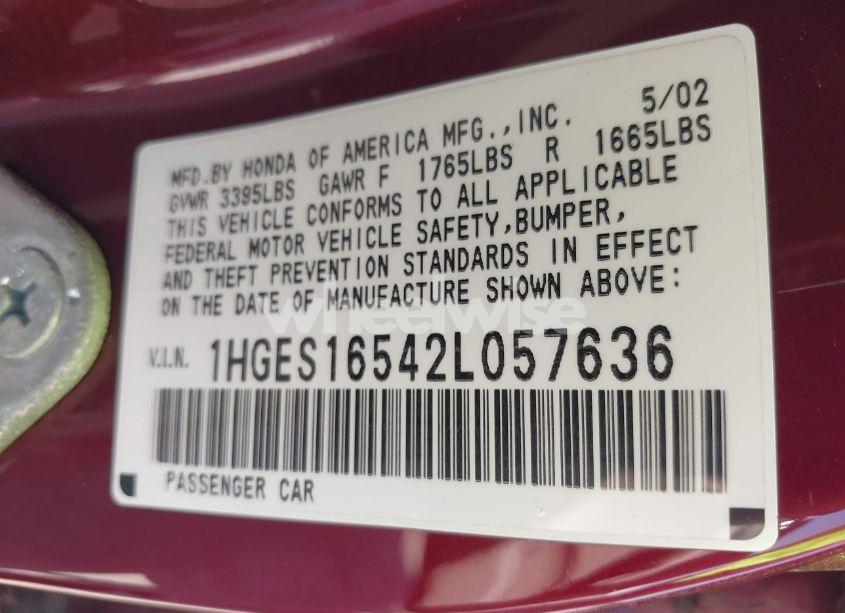 Photo 9 of 2002 Honda Civic LX (VIN 1HGES16542L057636)