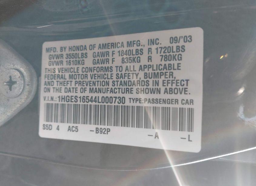 Photo 9 of 2004 Honda Civic LX (VIN 1HGES16544L000730)