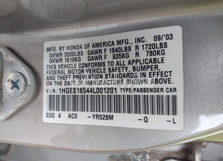 Photo 9 of 2004 Honda Civic LX (VIN 1HGES16544L001201)