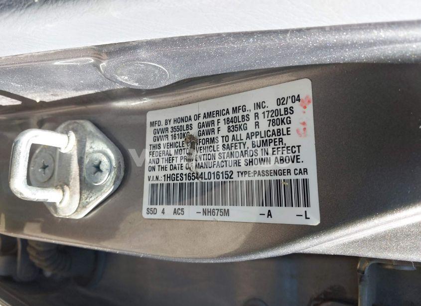 Photo 9 of 2004 Honda Civic LX (VIN 1HGES16544L016152)