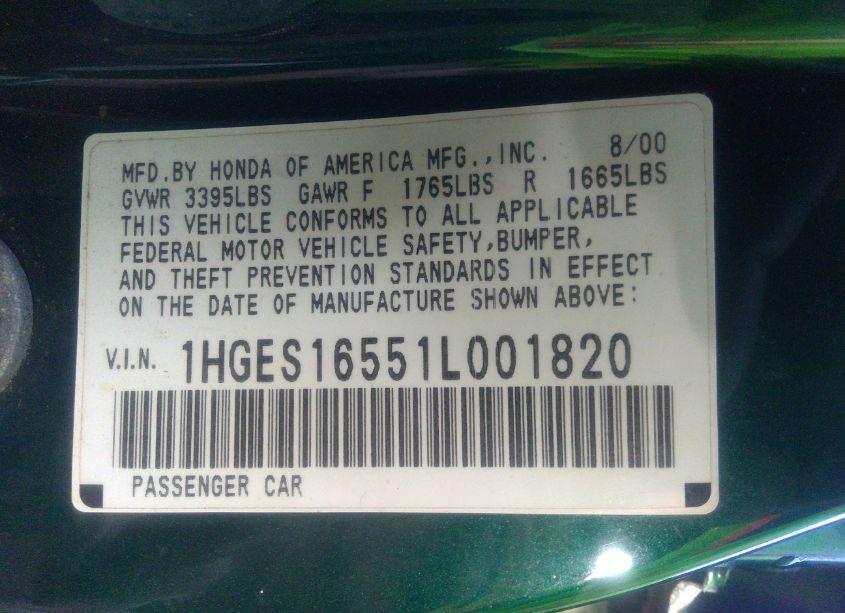 Photo 9 of 2001 Honda Civic LX (VIN 1HGES16551L001820)