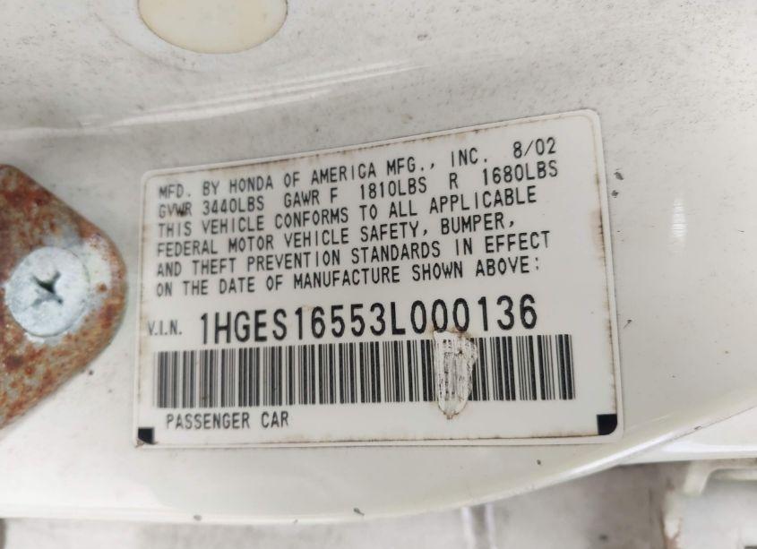 Photo 9 of 2003 Honda Civic LX (VIN 1HGES16553L000136)