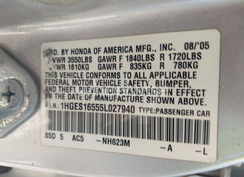 Photo 9 of 2005 Honda Civic LX (VIN 1HGES16555L027940)