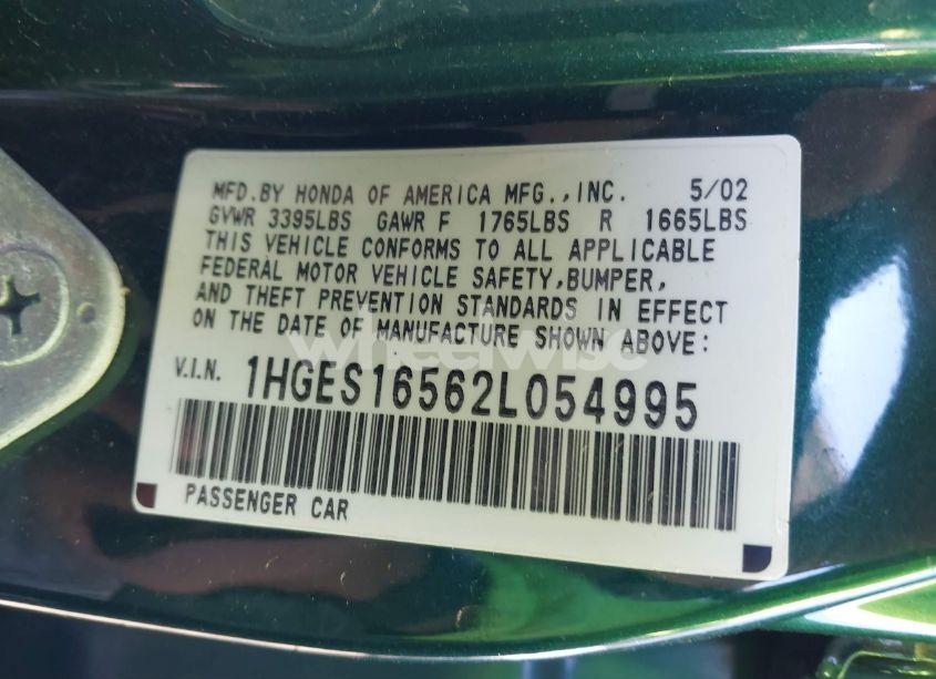 Photo 9 of 2002 Honda Civic LX (VIN 1HGES16562L054995)