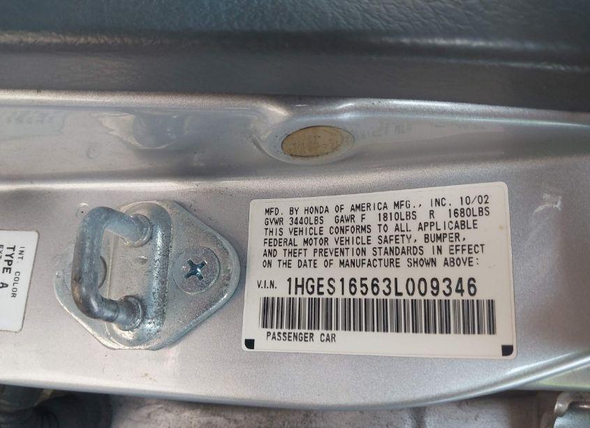 Photo 9 of 2003 Honda Civic LX (VIN 1HGES16563L009346)