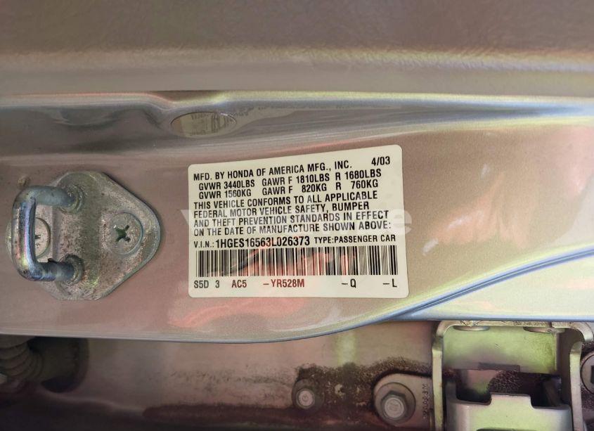 Photo 9 of 2003 Honda Civic LX (VIN 1HGES16563L026373)