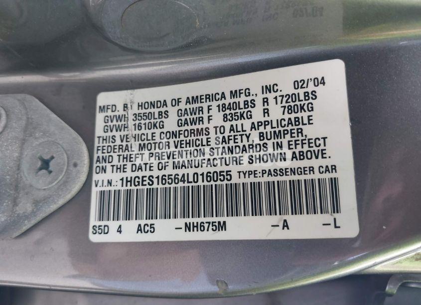 Photo 9 of 2004 Honda Civic LX (VIN 1HGES16564L016055)