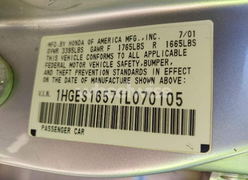 Photo 9 of 2001 Honda Civic LX (VIN 1HGES16571L070105)