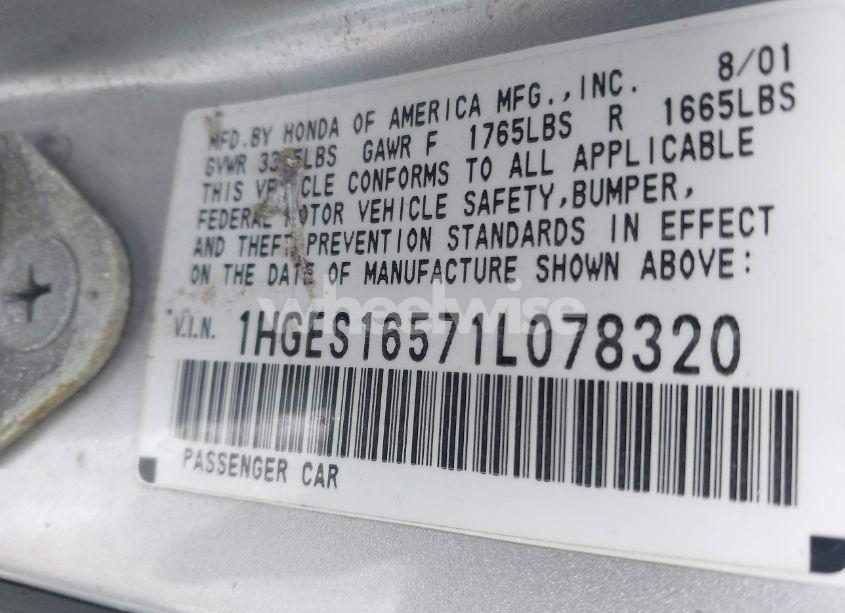 Photo 9 of 2001 Honda Civic LX (VIN 1HGES16571L078320)