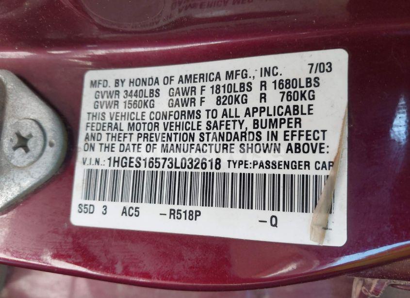 Photo 9 of 2003 Honda Civic LX (VIN 1HGES16573L032618)