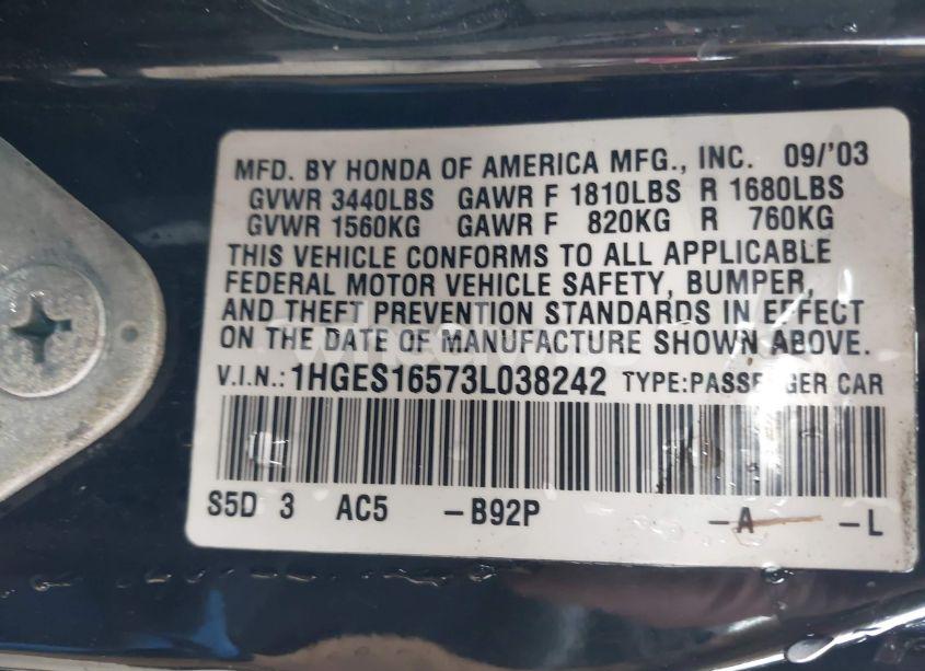 Photo 9 of 2003 Honda Civic LX (VIN 1HGES16573L038242)