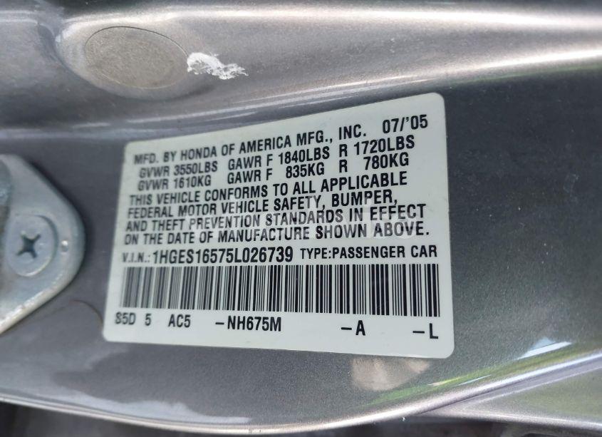 Photo 9 of 2005 Honda Civic LX (VIN 1HGES16575L026739)