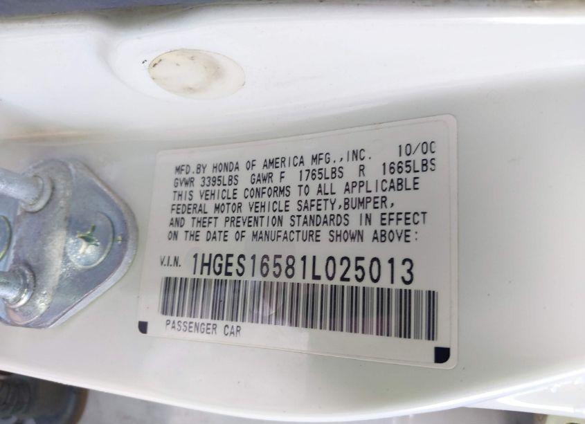 Photo 9 of 2001 Honda Civic LX (VIN 1HGES16581L025013)