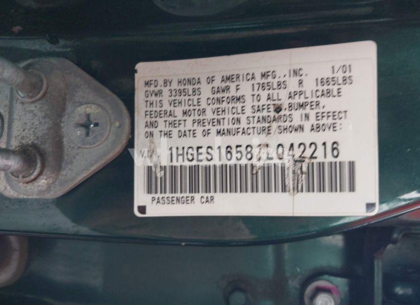 Photo 9 of 2001 Honda Civic LX (VIN 1HGES16581L042216)