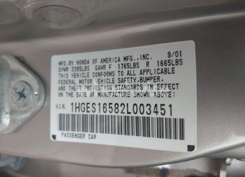 Photo 9 of 2002 Honda Civic LX (VIN 1HGES16582L003451)