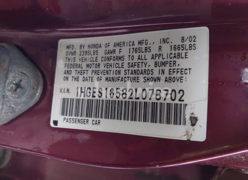 Photo 9 of 2002 Honda Civic LX (VIN 1HGES16582L078702)