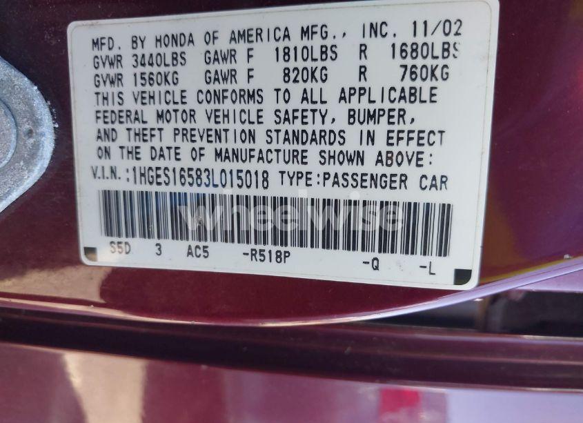 Photo 8 of 2003 Honda Civic LX (VIN 1HGES16583L015018)