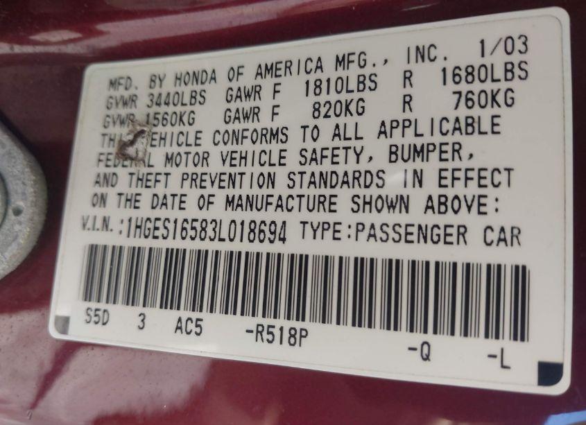 Photo 9 of 2003 Honda Civic LX (VIN 1HGES16583L018694)