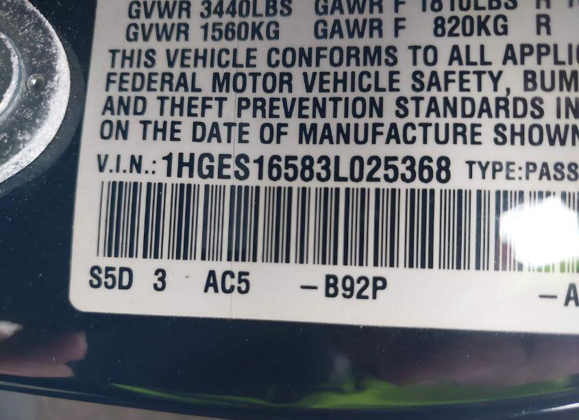 Photo 9 of 2003 Honda Civic LX (VIN 1HGES16583L025368)