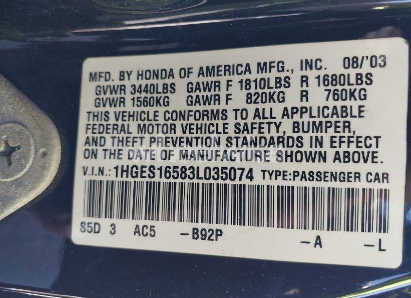 Photo 9 of 2003 Honda Civic LX (VIN 1HGES16583L035074)