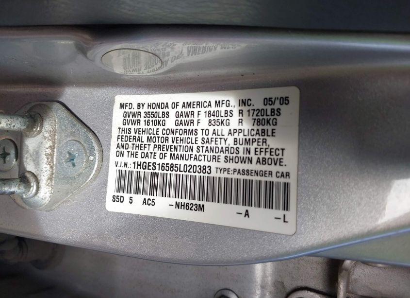 Photo 9 of 2005 Honda Civic LX (VIN 1HGES16585L020383)