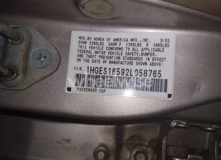 Photo 9 of 2002 Honda Civic LX (VIN 1HGES16592L058765)