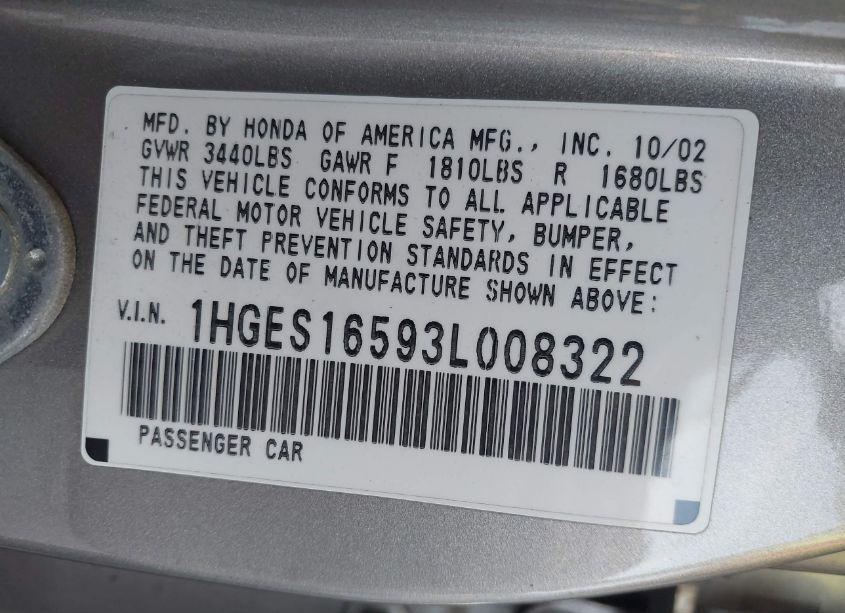 Photo 9 of 2003 Honda Civic LX (VIN 1HGES16593L008322)