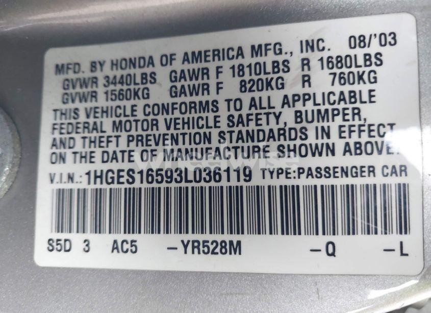 Photo 9 of 2003 Honda Civic LX (VIN 1HGES16593L036119)