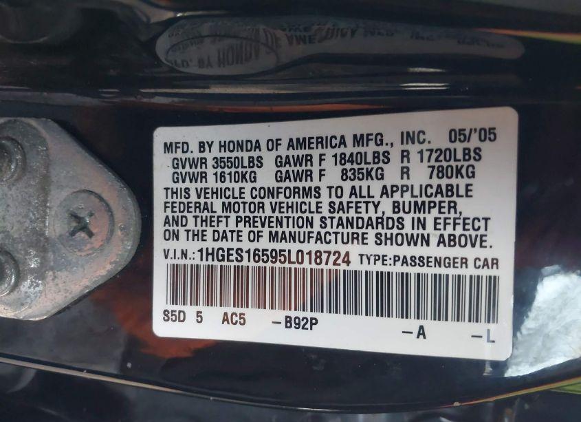 Photo 9 of 2005 Honda Civic LX (VIN 1HGES16595L018724)