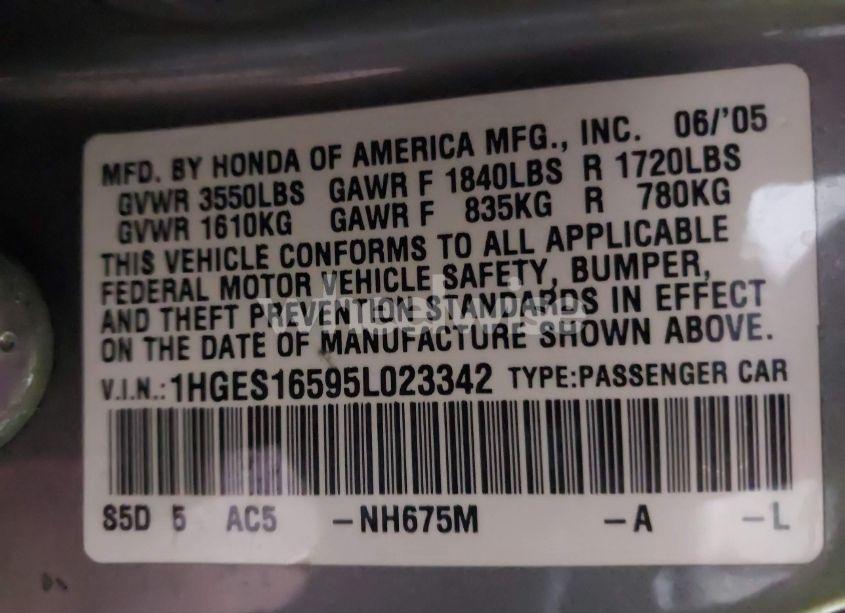 Photo 9 of 2005 Honda Civic LX (VIN 1HGES16595L023342)