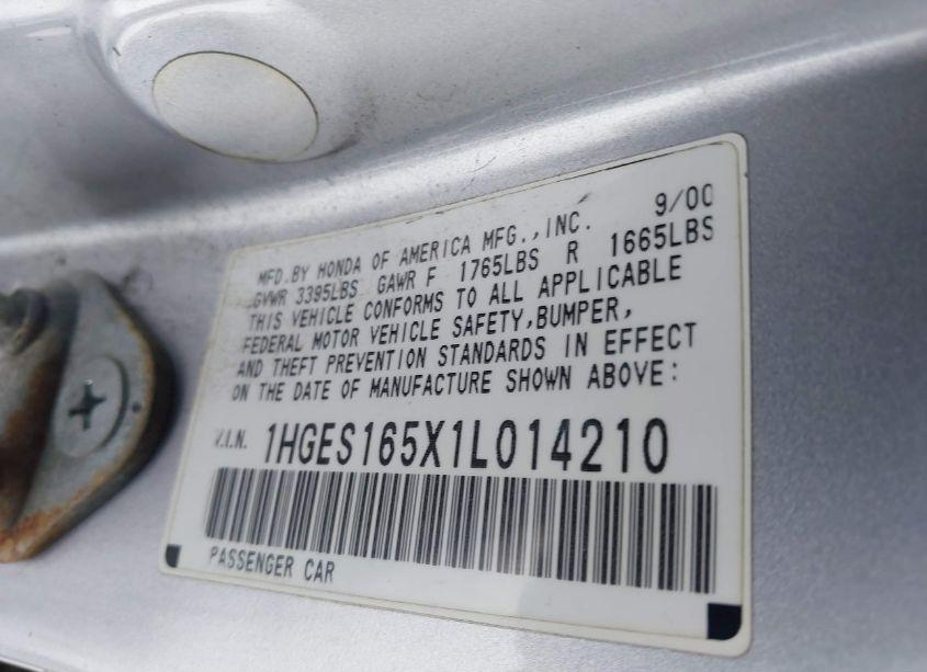 Photo 9 of 2001 Honda Civic LX (VIN 1HGES165X1L014210)