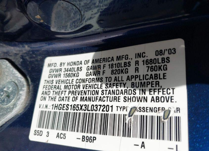 Photo 9 of 2003 Honda Civic LX (VIN 1HGES165X3L037201)