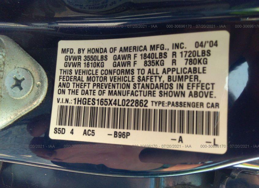 Photo 9 of 2004 Honda Civic LX (VIN 1HGES165X4L022862)