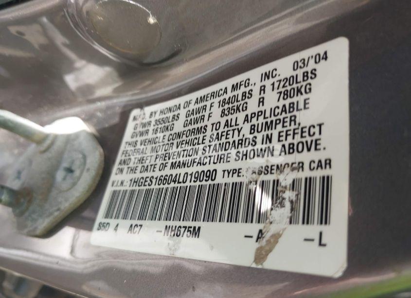 Photo 9 of 2004 Honda Civic LX (VIN 1HGES16604L019090)