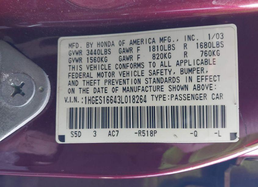 Photo 9 of 2003 Honda Civic LX (VIN 1HGES16643L018264)