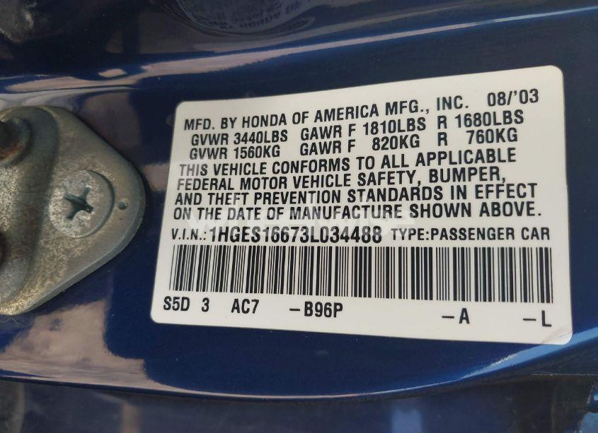 Photo 9 of 2003 Honda Civic LX (VIN 1HGES16673L034488)